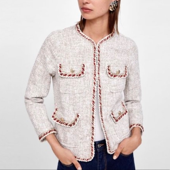 Zara texture jacket/blazer beige cream  with contrast piping pockets & buttons - Picture 5 of 11